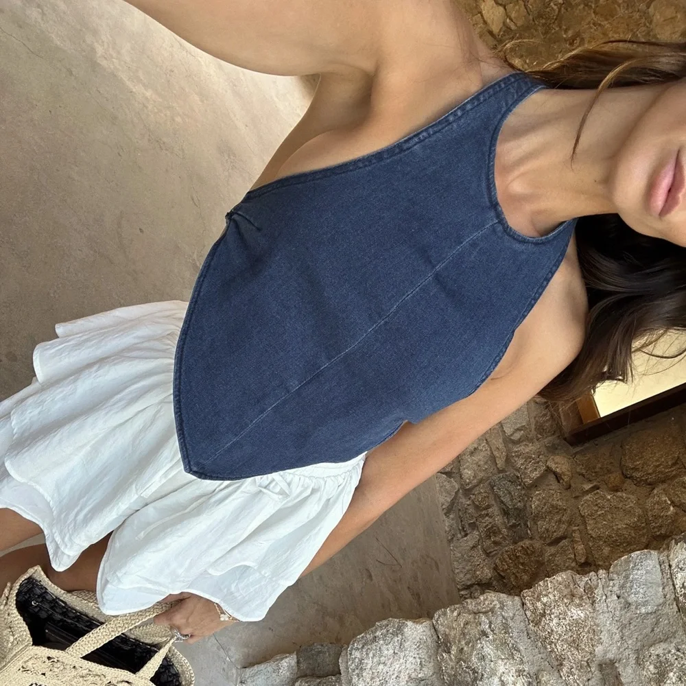EDIKTED Sydnie Open Back Denim Halter Top | Color: Dark-Blue - Picture 2 of 8